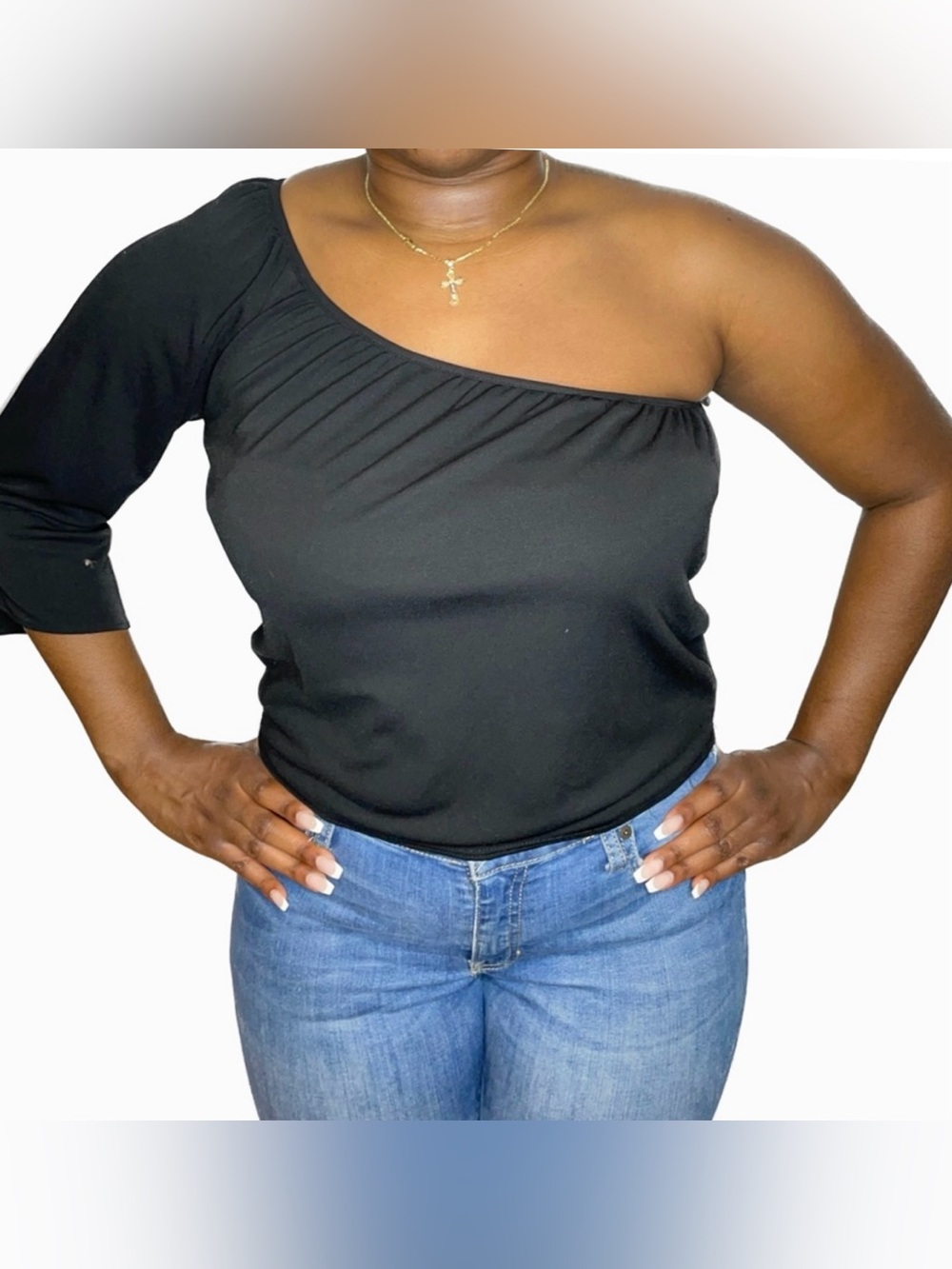 Monteau Black One Shoulder Split Sleeve Stretch Blouse